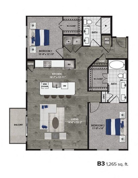 Floor plan for 2 beds, 2 baths, 1265 sqft
